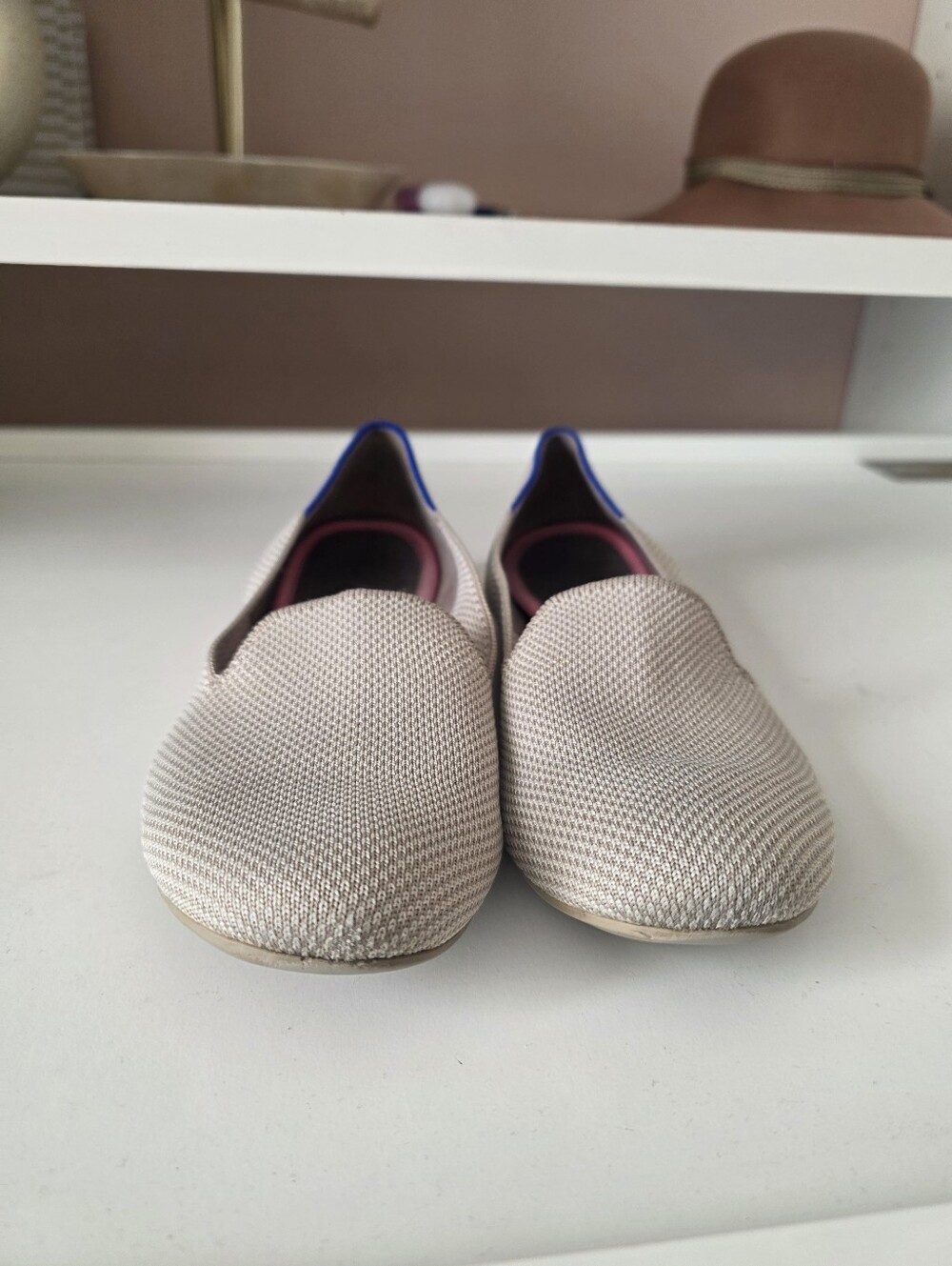Rothy's Beige Knit Slip-On Flats with Blue Heel Trim